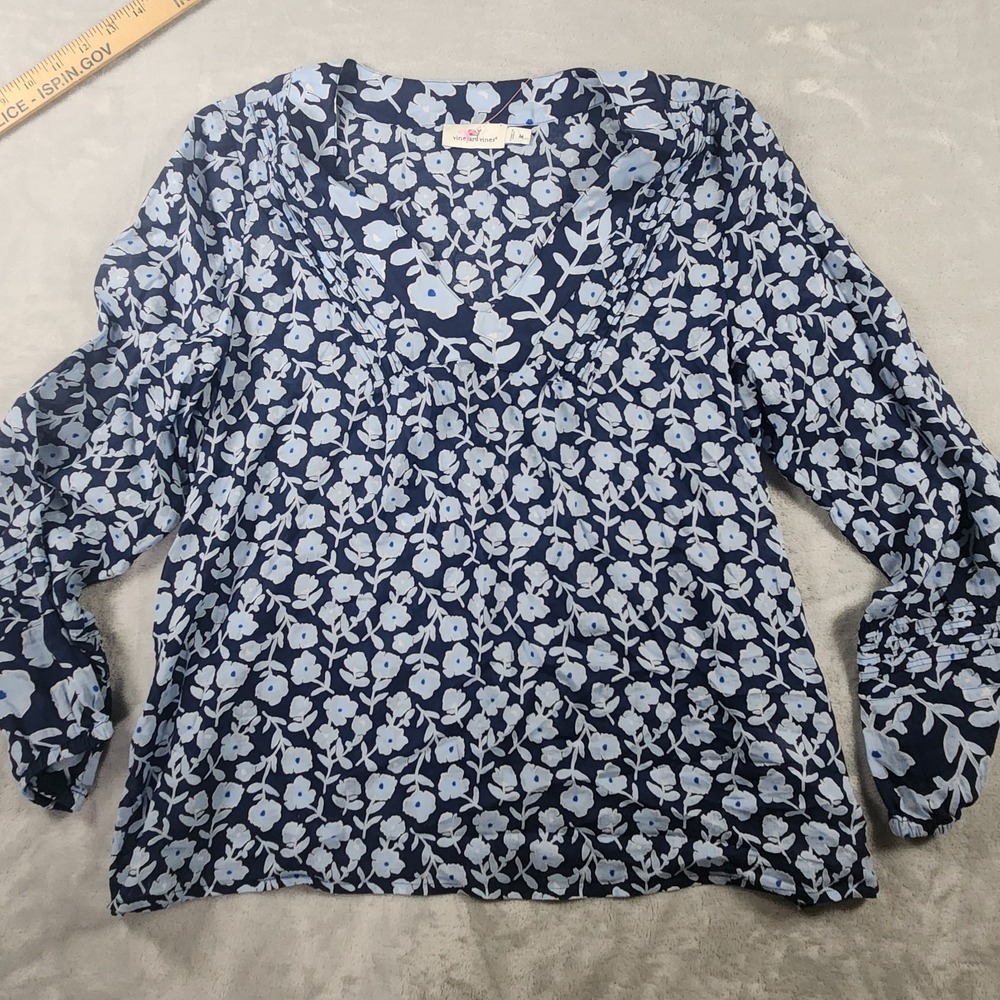 Vineyard Vines Seastitch Blue Floral Popover Tunic Blouse M Coastal Preppy Beach